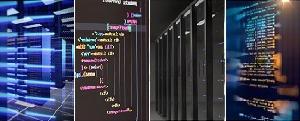 4 alternating panels of program code and servers