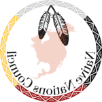 Native Nations Council symbol image. Round picture with border colors, White, Yellow, Red, Black. Centered a red image of The Americas and two eagle feathers.