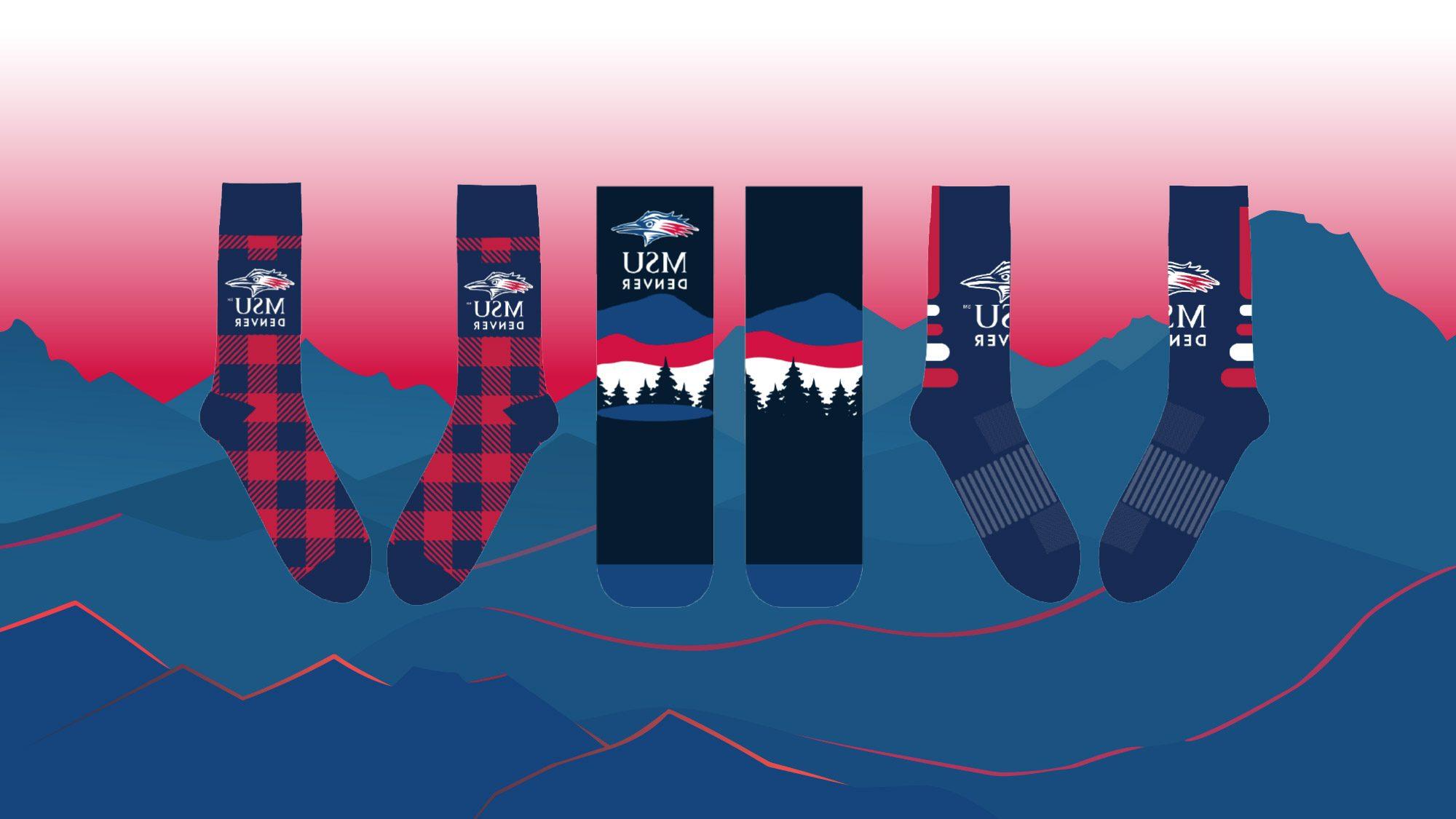 MSU Denver's 2024 Socktober designs. The three designs feature the MSU Denver logo and are all red and blue. One version is striped, another is plaid, and the athletic sock features mountains and pine trees.